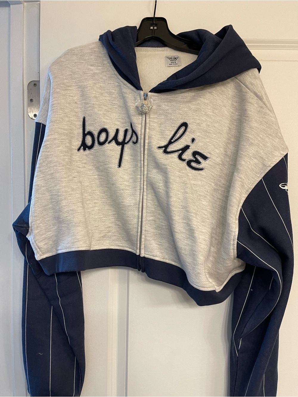 Boys Lie Navy & Light Gray Cropped Zip Hoodie